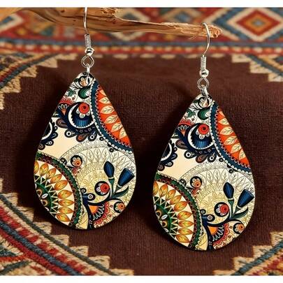 Bohemian Teardrop Dangle Earrings, Vintage Floral Pattern Drop Earrings For Women, Geometric Print Lightweight Acrylic Ear Accessories