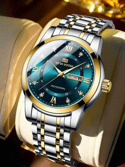  1pc VA VA VOOM Elegant Rhinestone Scale Men's Watch, Gold/Silver/Black Strap, Fashion Business Quartz Watch For Men, Suitable For Daily/Business/Party Wear, Also Suitable As Father's Day/Birthday/Anniversary Gift