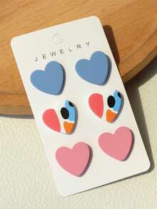 3 Pairs Romantic Cute Heart Shaped Acrylic Earrings With Girl Blue & Pink Printed Pattern, Ceramic Texture - Multicolor - View 8