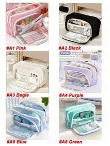 1pc Macaron Style Large Capacity Pencil Case, INS Style Portable Handheld Stationery Storage Bag, 3-Layer Design With Transparent Window, Multifunctional Cosmetic Bag For Daily Use, Ideal Back-To-School Essential Stationery Bag For Students And Young Office Workers - Multicolor - View 2