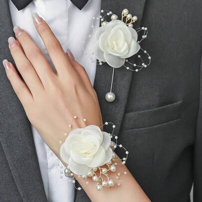 White Rose Flower With Beads Wrist Corsage, Elegant Chest Flower And Pearl Chain Wrist Corsage, Suitable For Bride, Groom, Bridesmaids, Groomsmen For Wedding, Engagement, Events, Parties, Travels, Galas, School Celebrations