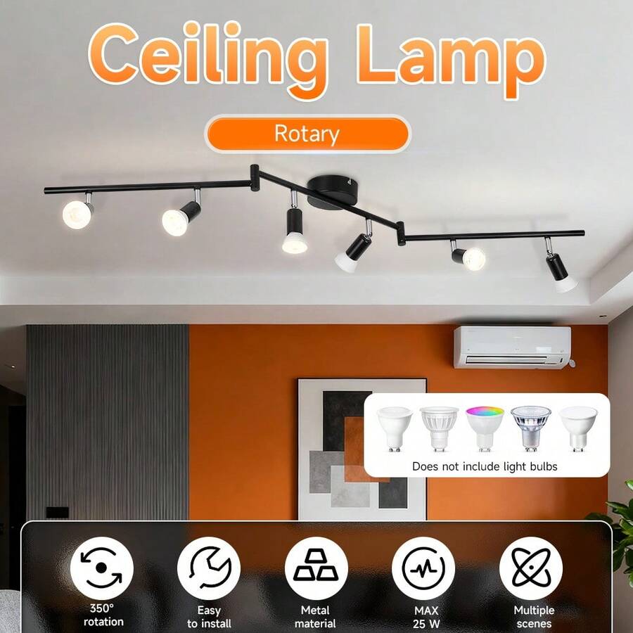 CANMEIJIA 1 đèn âm trần hiện đại 6 bóng, đèn LED âm trần, đế GU10, đầu đèn xoay được, màu đen, thích hợp cho phòng ngủ, phòng khách, nhà bếp. - Đèn âm trần 6 bóng GU10 - Xem 1