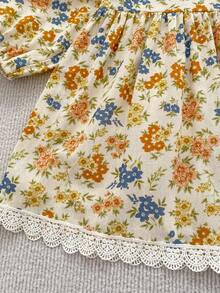 Vintage Style Floral Lace Trim Girls Dress Spring Ditsy Floral Peter Pan Collar Long Sleeve Sweet Children's Dress - Ginger - View 6