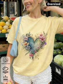 Camiseta feminina amarela de algodão, com estampa floral em aquarela e corações, estilo férias, ideal para uso casual no verão. - Amarelo - Ver 1