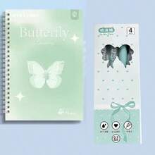 A5 Cute Notebook With Spiral Binding, Minimalist Butterfly Dream Series + Green Cover 0.5mm Black Ballpoint Pen - Multicolor - View 7