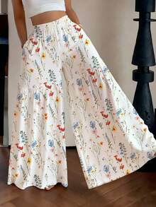 女士印花阔腿裤，梭织面料宽松长裤 - 白色 - 查看 1