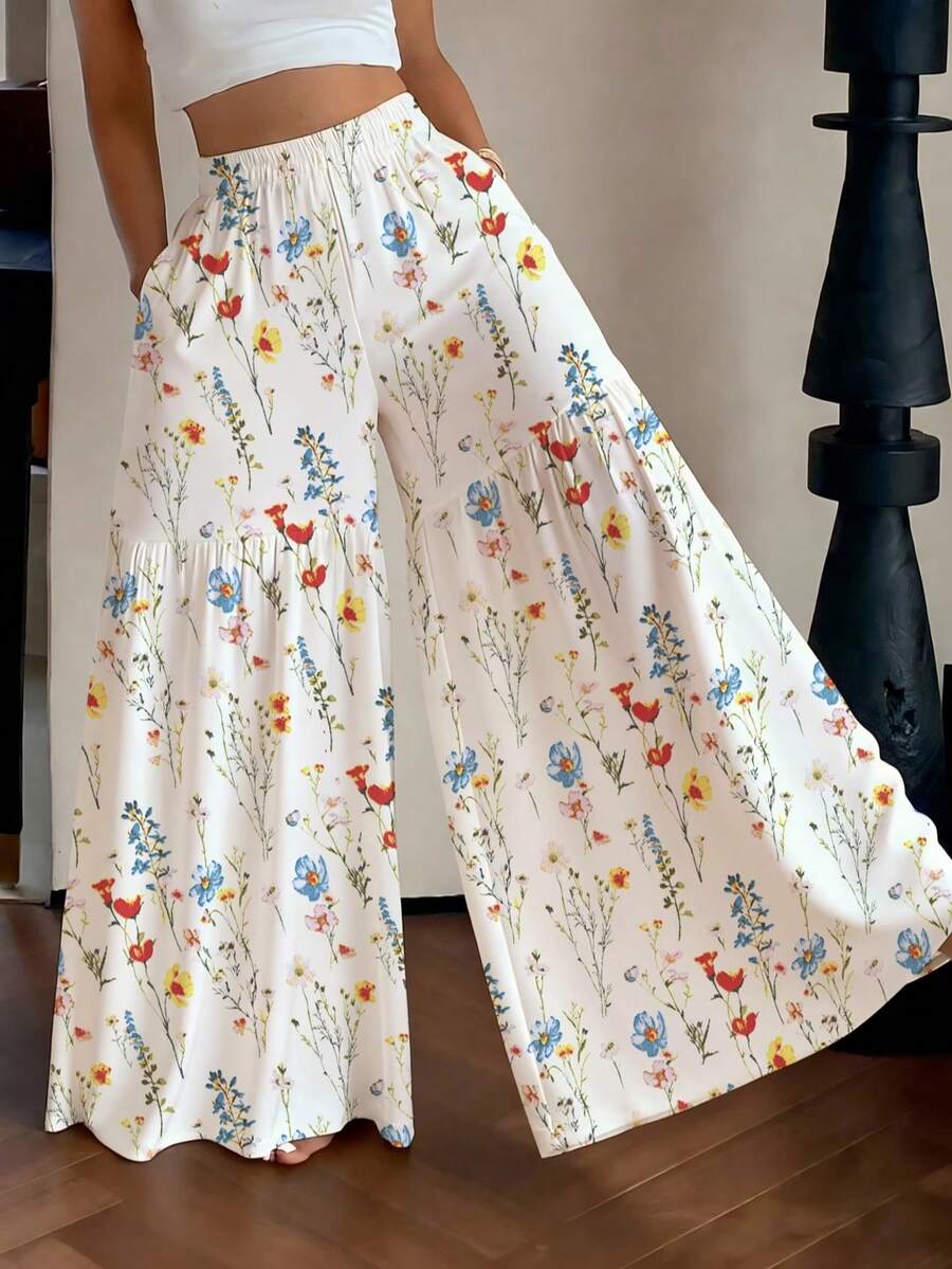 女士印花阔腿裤，梭织面料宽松长裤 - 白色 - 查看 1