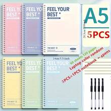 5pcs In One Pack, Including 1 Spiral Notebook + 4 Pens. Easy Hardcover Spiral Notebook, With Removable Pages And Horizontal And Vertical Lines. Office And Study Supplies - Multicolor - View 9