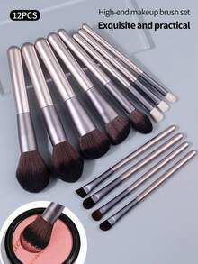 12pcs Professional Makeup Brush Set, Soft Fiber Blush Brush, Powder Brush, Eye Shadow Brush, Concealer Brush, Portable Travel Makeup Tools - Light Grey - View 2
