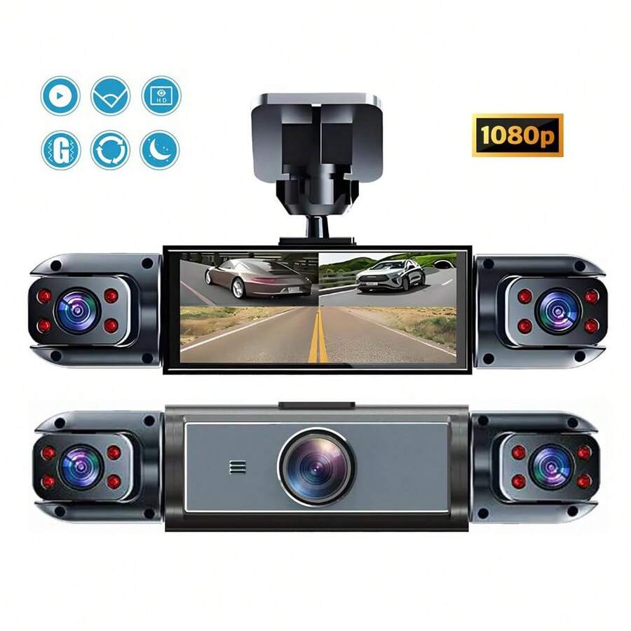 360° Dash Cam - Front, Left And Right View, Triple-Lens Car DVR, 3.16" IPS Screen, Night Vision, Motion Detection, Loop Recording, Wide Angle Security Camera, 150mAh Battery