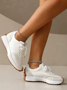 Women's White Casual Sneakers, Low-Top, Lightweight, Non-Slip, Wear-Resistant, Low Heel, Round Toe, Breathable, Lace-Up, Suitable For Outdoor Sports, Spring/Autumn - 白色 - 查看 3