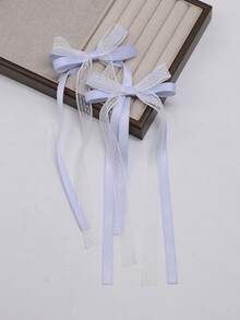 2件套优雅蕾丝缎面蝴蝶结发饰，女士高端发夹，时尚发饰，带缎面尾饰，爪夹，发卡，发爪，发夹，发卡 - 淺藍色 - 查看 3