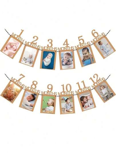 38pcs/Set Baby Growth Photo Banner, (Includes 12 Numbered Photo Frames + 1 Roll Ribbon + 24pcs Adhesive Dots + Threading Needle), 1st Birthday Anniversary Photo Frame Hanging Banner, Kraft Paper Material, Pre-Threaded Design, Easy To Insert Photos Without Damaging Photo Paper, 1-12 Month Baby Milestone Photo Banner, Ins Mori Style Minimalist Design, Rectangular Hollow Photo Frame, Month Number Details, Suitable For Baby Party Decoration, Birthday Anniversary, 1st Birthday Photo Backdrop, Nursery Decoration, (Ribbon Color Random)