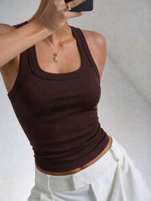 Women's Ribbed Tank Top With Square Neckline, U-Shaped Wide Straps, Premium Comfortable Ribbed Knit - Rust Brown - View 2