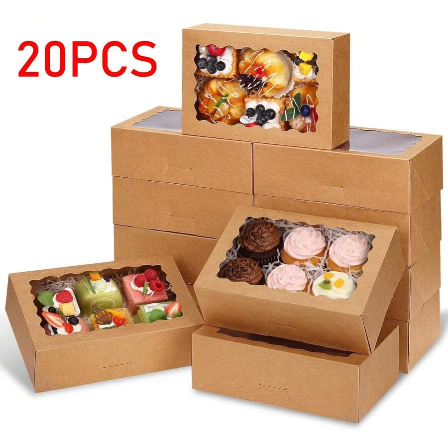 Cookie Boxes With Window, 9x6x3 Inch Brown Bakery Boxes Pastry Containers For Chocolate Covered Strawberries, Candy, Muffins, Donuts