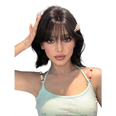 12-Inch Long Synthetic Wig Featuring A Natural Straight Style A Stunning Black. Designed With Bangs , It Is Crafted From Heat-Resistant Fiber To Ensure Durability. This False Hairpiece Is Perfect For Daily Use, Offering A Natural And Realistic Appearance That Mimics. (Excluding Accessories)