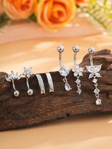 7pcs Stainless Steel Butterfly & Water Drop Navel Rings Set, Classic Belly Button Piercing Jewelry With Shiny Zirconia Stones, Suitable For Daily Wear - Silver - View 2