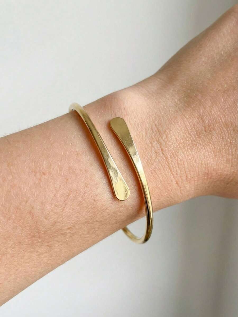 1pc Minimalist Flat Cuff Bracelet, Adjustable Open Style Women's Bangle, Suitable For Daily Wear, Gift - Gold - View 1