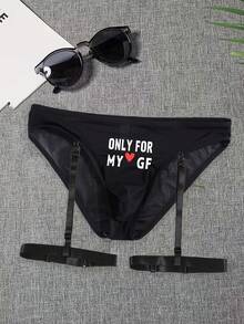 Men's Black Breathable Comfortable Daily Underwear With Letter & Heart Print Pattern - Black - View 1
