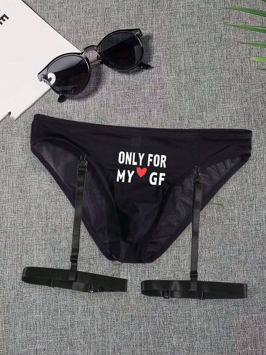 Men's Black Breathable Comfortable Daily Underwear With Letter & Heart Print Pattern - Black - View 1