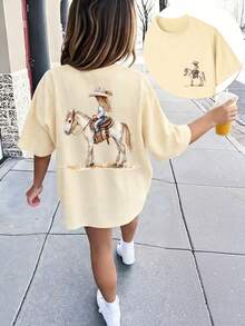 Tween Girls' Casual Funny Print Crew Neck Short Sleeve T-Shirt, Summer Top - Apricot - View 3