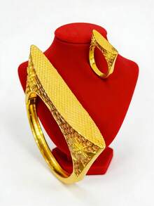 ANIID 2件套时尚女士镂空花朵铜手镯戒指首饰套装，中东迪拜欧洲及非洲新娘婚礼派对礼服配饰，情人节复活节节日礼物 - 金黃色 - 查看 2