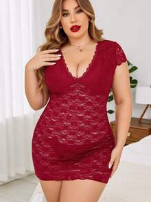 Große Größen Frauen Blumen Spitze Sexy Dessous Jumpsuit Mesh Nachtwäsche - Bordeaux - Übersicht 2