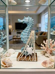 1件海岸海马装饰品，航海沙滩桌面摆件，配有渔网和海龟，质朴的木质底座海马摆件，海洋主题家居装饰，适用于浴室、客厅、卧室、海滨别墅，送给海滩爱好者的海岸风情礼物 - 海馬 - 查看 5