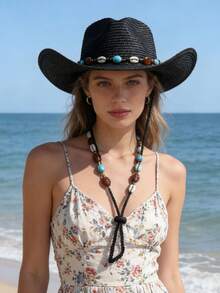 1 chiếc mũ Panama bằng rơm unisex, trang trí rỗng bằng hạt cườm, thời trang và thoáng khí, phù hợp cho mặc hàng ngày, đi biển, cắm trại, công viên giải trí, tiệc tùng, v.v. (Có thể đặt làm dây mũ theo yêu cầu) - MZ197+ML43 - Xem 26