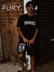 Men's Streetwear "HOMIES" Cartoon Character Graphic Short Sleeve Tee & Matching Print Drawstring Shorts Two Piece Set Shorts Set Streetwear Two Piece Outfit Street Style, Comfortable, Sporty Printed Tracksuit, Perfect For Outings, Trips, Gatherings With Friends, And Everyday Wear. - 黑色+黑色 - 查看 1