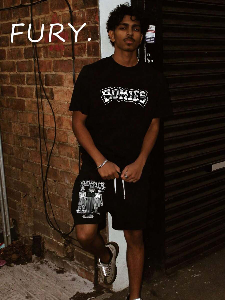 Men's Streetwear "HOMIES" Cartoon Character Graphic Short Sleeve Tee & Matching Print Drawstring Shorts Two Piece Set Shorts Set Streetwear Two Piece Outfit Street Style, Comfortable, Sporty Printed Tracksuit, Perfect For Outings, Trips, Gatherings With Friends, And Everyday Wear. - 黑色+黑色 - 查看 1