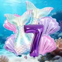 7pcs Mermaid Tail Shell & Purple Number Balloon Set, Includes Iridescent Mermaid Tail Balloons, Purple Number Balloons, Ombre Shell Balloons, Paired With Dreamy Ocean-Themed Decorative Elements, Suitable For Birthday Gifts For Son/Daughter, Mermaid Princess Themed Birthday Party, Parent-Child Ocean Themed Celebration, Children's Room Birthday Decor, Photo Backdrop Props And More - View 10
