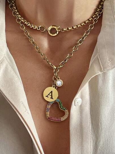 1pc Elegant & Exquisite Women's Gold Pendant Necklace, Composed Of 26 Letter Pendants, Colorful Heart-Shaped Clasp, White Diamond Pendant, And Donut-Shaped Compass Clasp. Its Elegant And Refined Design Makes It Suitable For Daily Wear, Also A Perfect Gift For Friends And Family.