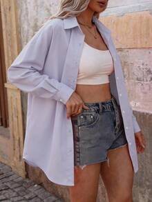 French Healing Lavender Loose Long Sleeve Shirt For Women: Low-Saturated Gentle Style, Relaxed Fit With Air-Feel Balance, Matte Textured Fabric For Effortless Chic In Work And Casual Settings, H-Line, Single Pocket Spring - Mauve Purple - View 2