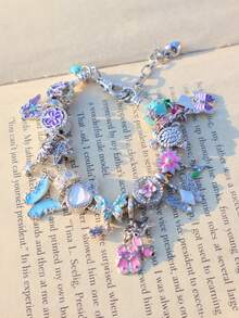 1条夏季花卉蝴蝶串珠手链，向日葵、雏菊、蝴蝶、心形珠子DIY手链，复古花卉玻璃珠可调节DIY手链，朋友礼物，纪念手链 - 銀色 - 查看 7