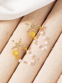 1 Pair European & American Summer Fashion Metal Starfish & Faux Pearl Tassel Earrings, Suitable For Girls To Wear During Vacation, Mother's Day Gift Kids Jewelry - Style 1 - View 4