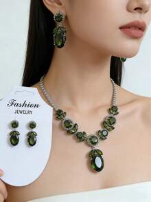 “绯红花园”锆石首饰套装，奢华复古红/绿锆石项链和耳环，适合搭配晚礼服 - 彩色 - 查看 2