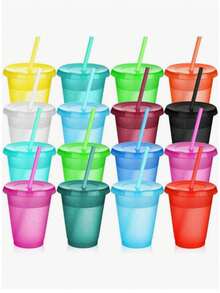 20 piezas Vasos reutilizables con tapa y pajita, botellas de agua para viaje, tazas para café helado, vasos de plástico para adultos para Navidad, boda, compromiso, fiesta de playa hawaiana, celebración - multicolor - Ver 1