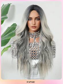 TOPSHE 26 Inch Ombre Gray Long Wavy Synthetic Wig For Women, Middle Part Fluffy Curly Hair, Suitable For Daily, Party, Cosplay, Fashionable & Romantic - Gray Ombre - View 4