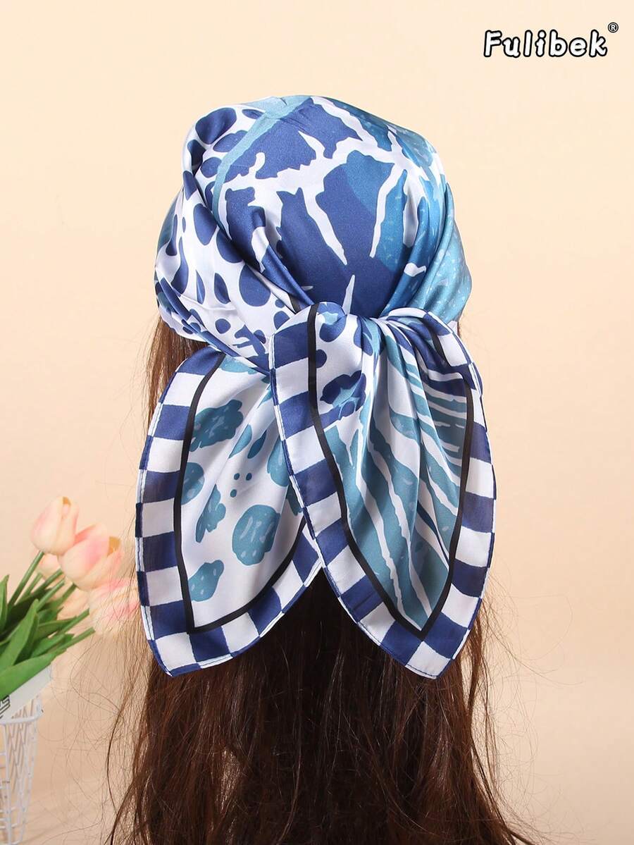 1 chiếc khăn lụa giả in họa tiết, đa năng dùng làm băng đô/khăn quàng cổ, phụ kiện thời trang hàng ngày. - Màu xanh lam - Xem 1