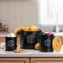 3pcs Potato & Onion Storage Containers With Handles, Garlic & Potato Storage Box Set, Wooden Lid Metal Cans, Kitchen Supplies - Multicolor - View 2