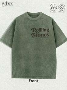1-Pack Plus-Size T-Shirt Featuring "Christian & Rock Band" Motifs - Printed With The Handwritten Slogan "." Loose Fit, Crafted From 230g Washed Pure Cotton Fabric. Vintage Street Rock Style; Unisex Top. Men's Summer Top, Men's Plus-Size T-Shirt. - 軍綠色 - 查看 2