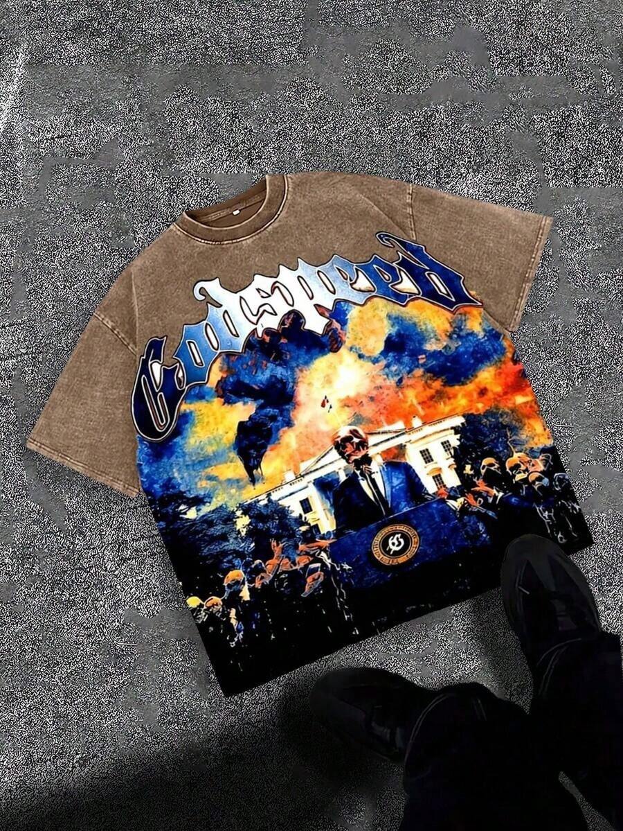 Men's Washed Vintage Crewneck T-Shirt, 100% Cotton 230GSM, Godspeed Dark Graffiti Print, Retro Faded Style, Edgy Streetwear, Summer Outfit, For Daily Leisure, Streetwear Shops, Party Carnival, Night Outings, Valentine's Day Gift For Boyfriend,Camisas Para Hombre,Mens Clothes,Summer Outfits,Summer Tops,Graphic Tee,St Pattys Day Outfit,Easter Outfits,Spring Clothes - màu nâu cà phê - Xem 1