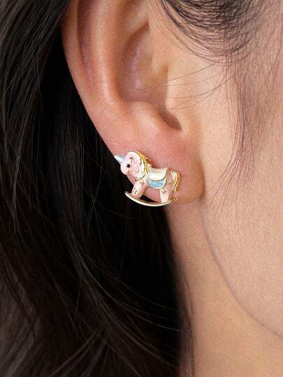 一对925银针镀18k金珐琅滴油小马耳环，可爱独角兽女士耳环，简约耳环，适合派对和日常佩戴，复活节/宰牲节礼物