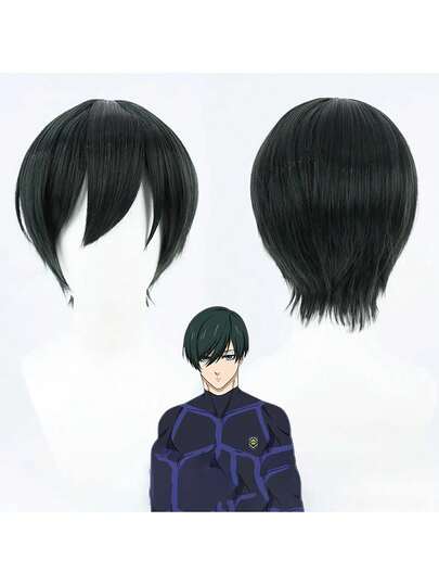 8英寸黑色短直发动漫角色翔子凛cosplay假发，适合节日派对、舞台表演和日常佩戴，纤维材质