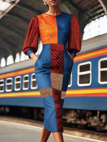 Spring Women's Dress, Multicolor Patchwork, Waist Cinched, Round Neck, Lantern Sleeve, Elegant Dress Suitable For Office, Travel - Multicolor - View 9