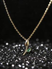 1pc S925 Sterling Silver Zirconia Inlaid Tulip Pendant Necklace, Sweet & Cute Rose Flower Minimalist Delicate Clavicle Chain, Suitable For Girls, Students For Daily Wear - Tulip - View 1
