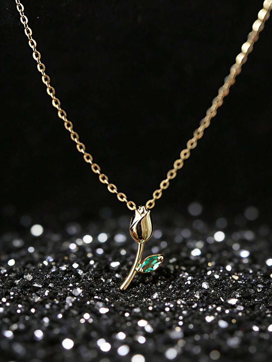 1pc S925 Sterling Silver Zirconia Inlaid Tulip Pendant Necklace, Sweet & Cute Rose Flower Minimalist Delicate Clavicle Chain, Suitable For Girls, Students For Daily Wear - Tulip - View 1