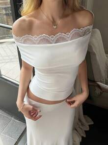 精致单肩蕾丝边露脐上衣，修身别致法式约会衬衫 - 白色 - 查看 10