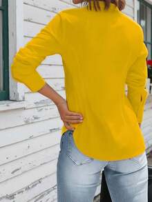 女士纯色长袖休闲/办公单排扣衬衫 春季 - 黃色 - 查看 2